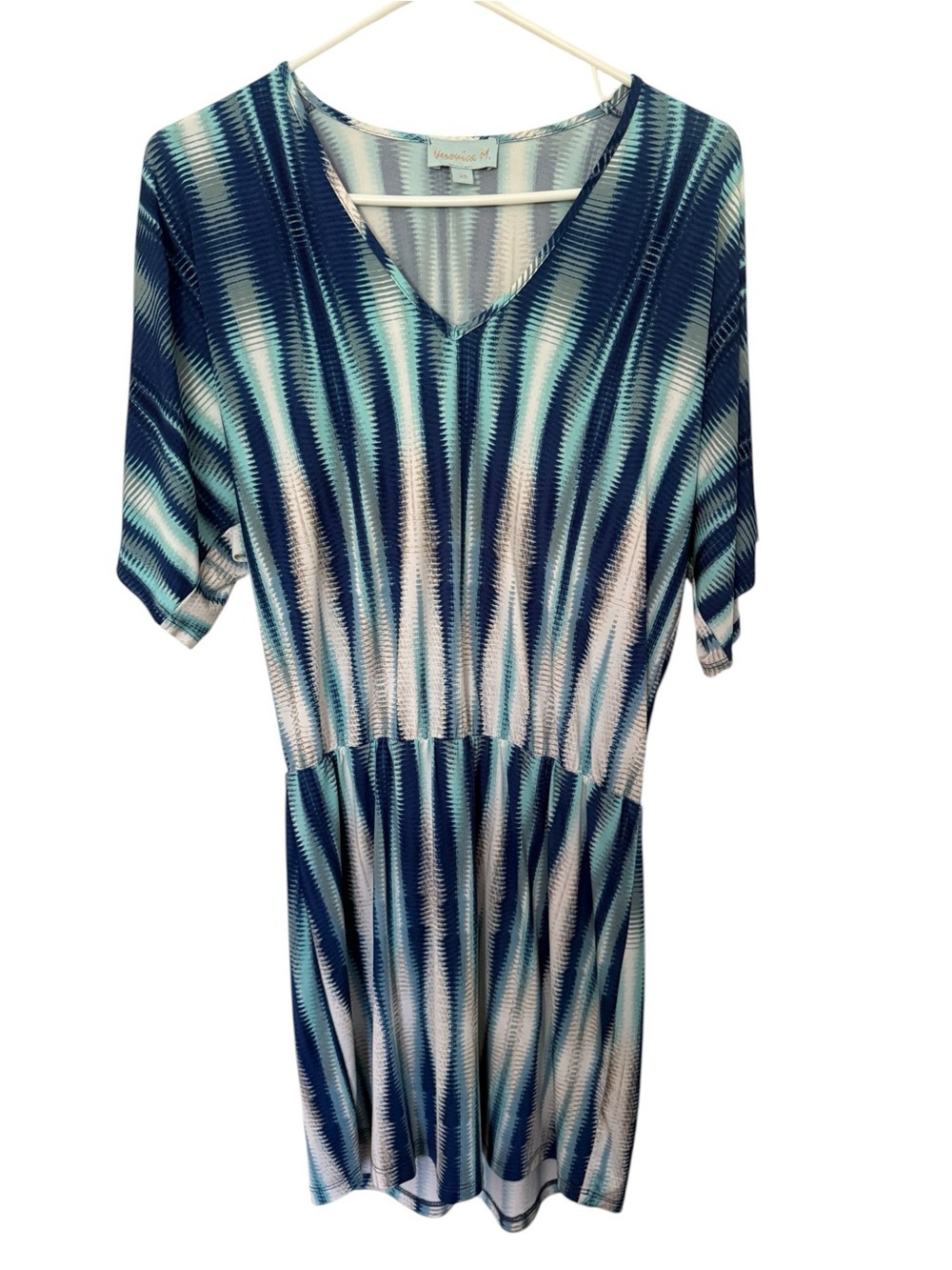 Veronica M Drop Waist V Neck Dress Blue & White Stripes Women XS